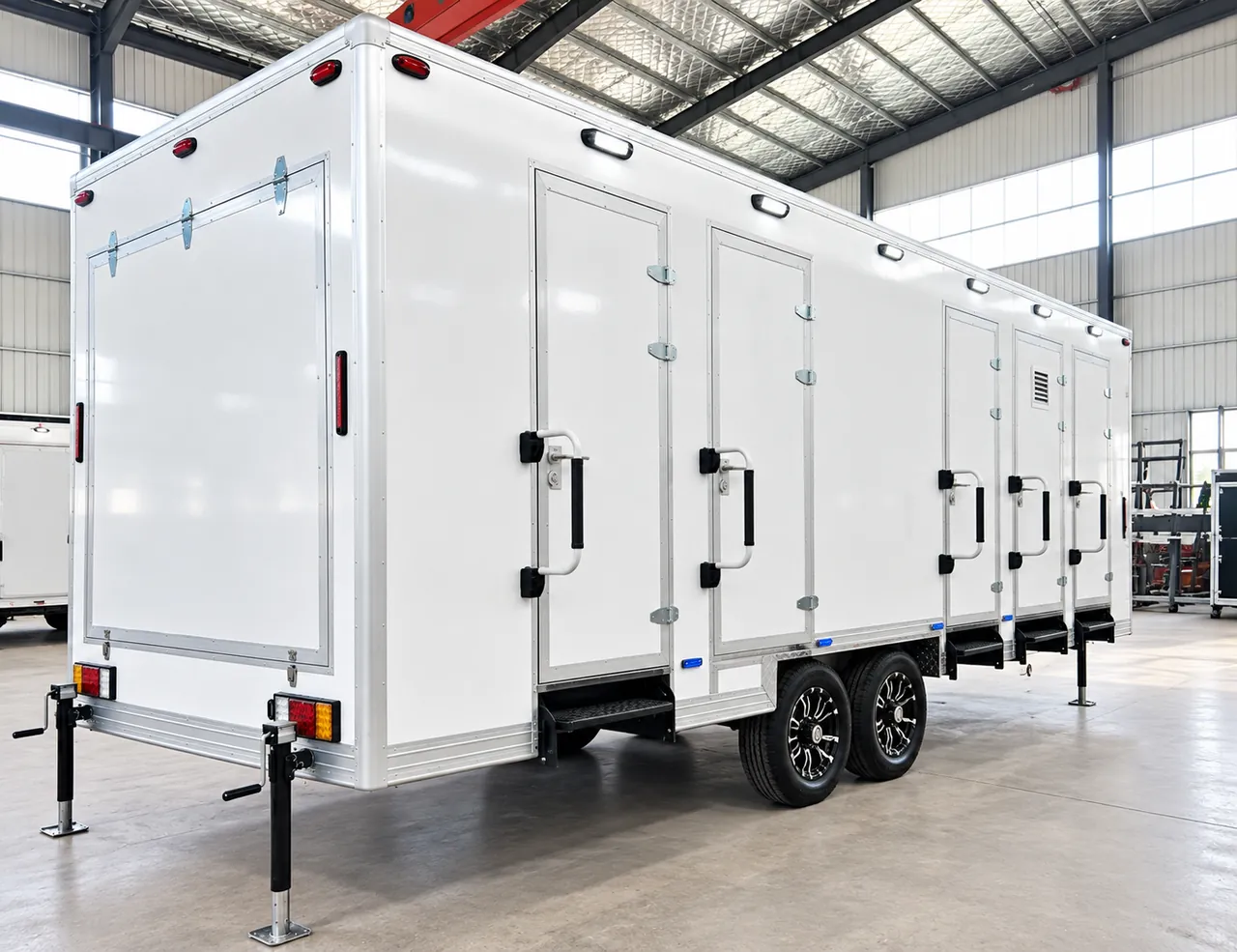 Shower trailer exterior with multiple entrance doors and stabilizing supports