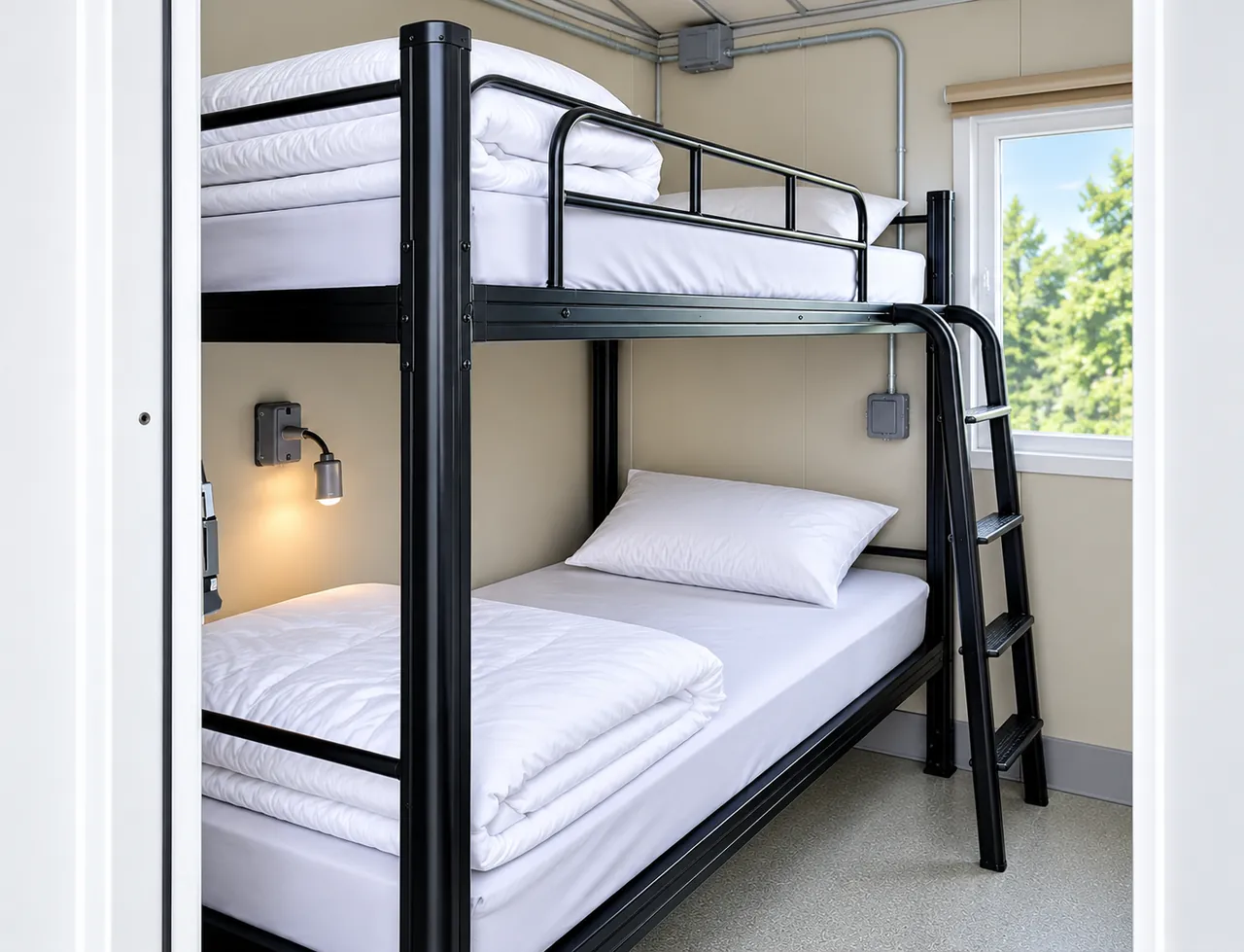 Bunk beds with mattresses, reading lights and a window inside a sleeper unit