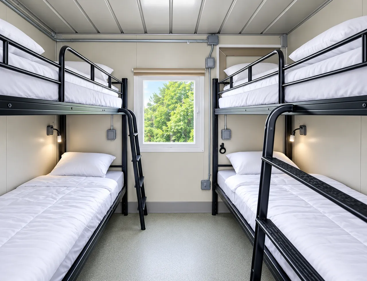 Bunk beds on both sides of a sleeper room with windows and individual lights