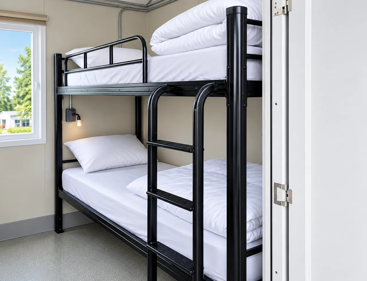 View through a sleeper room entrance toward a set of bunk beds