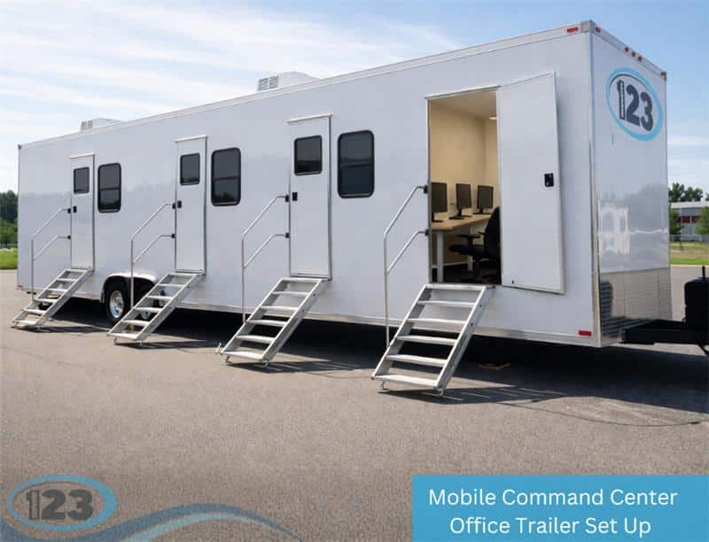 Secure field office and command center trailer setup with modern office furniture, computer stations, and operational support facilities