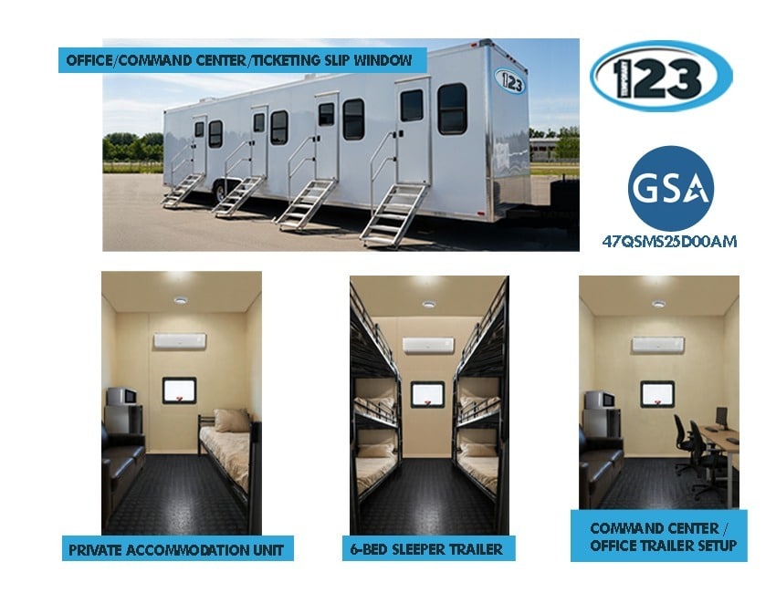 Multi-purpose mobile workforce support trailer equipped with office workstation, kitchen, restroom, and shower accommodations