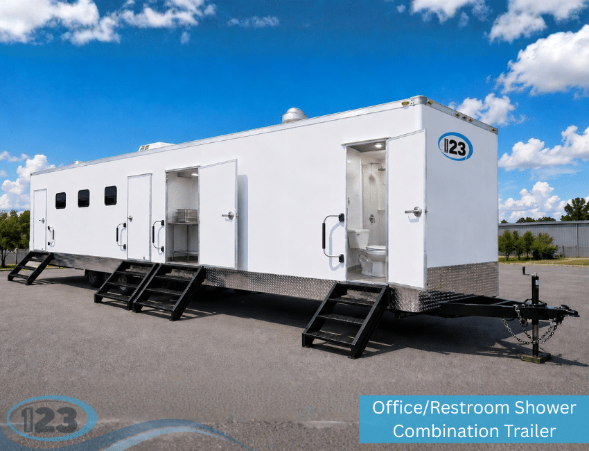 Commercial combination trailer featuring office space, kitchen amenities, restroom access, and employee shower facilities