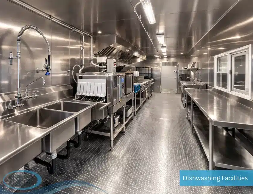 Portable dishwashing trailer equipped for large event operations with multiple wash, rinse, and sanitizing stations.