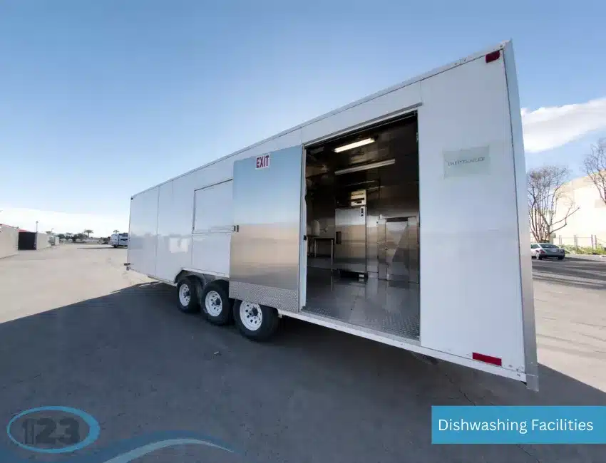Mobile dishwashing facility supporting disaster relief feeding programs with sanitary warewashing equipment.