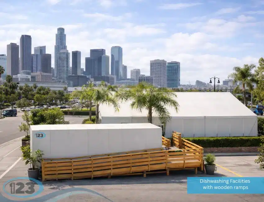 Temporary warewashing trailer serving institutional food operations with commercial dishwashing and sanitation systems.