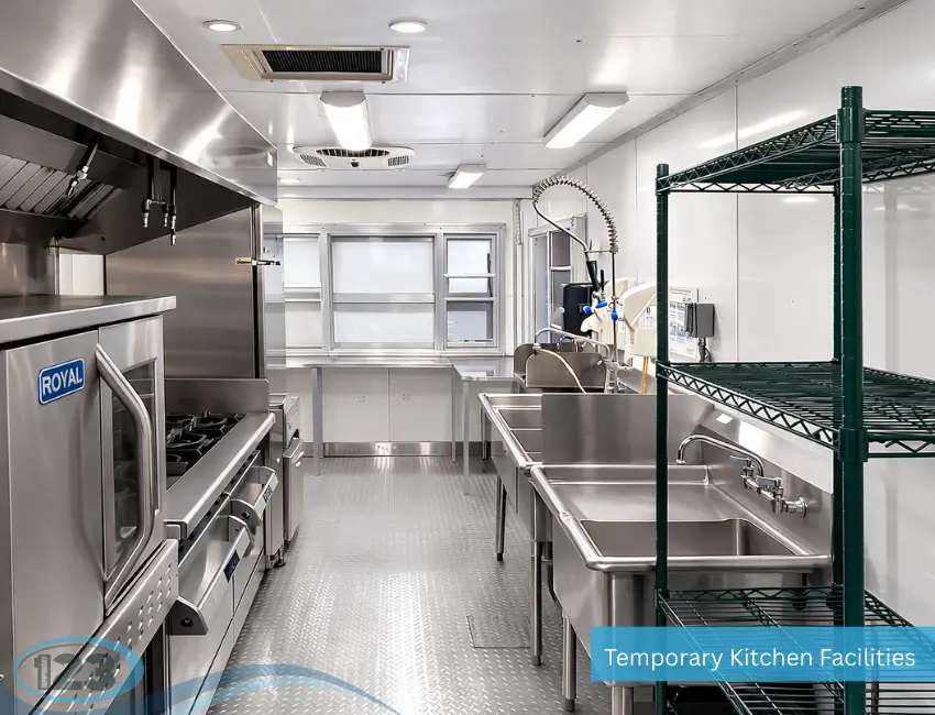 Temporary kitchen setup supporting government and military projects with commercial-grade food preparation and serving areas.