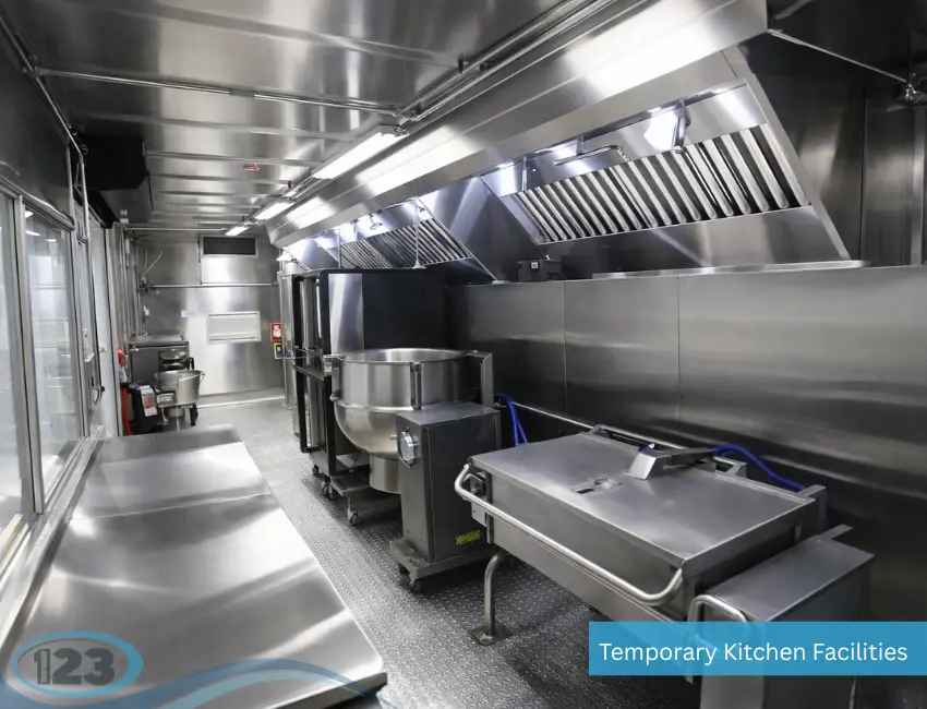 High-capacity mobile kitchen for construction sites and special events, equipped with industrial cooking stations and food service facilities.