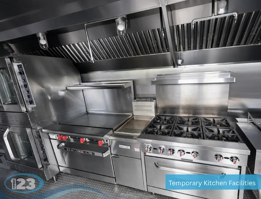 Mobile kitchen facility designed for large-scale food service operations with commercial cooking equipment and spacious workflow layout.