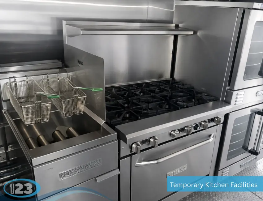 Professional stainless steel mobile kitchen interior with durable counters, food prep stations, and sanitary work surfaces.