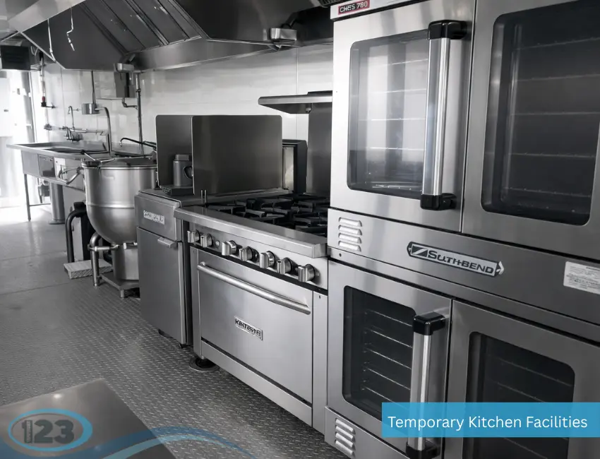 Temporary catering kitchen equipped with industrial-grade ovens, refrigeration units, and efficient food preparation space.