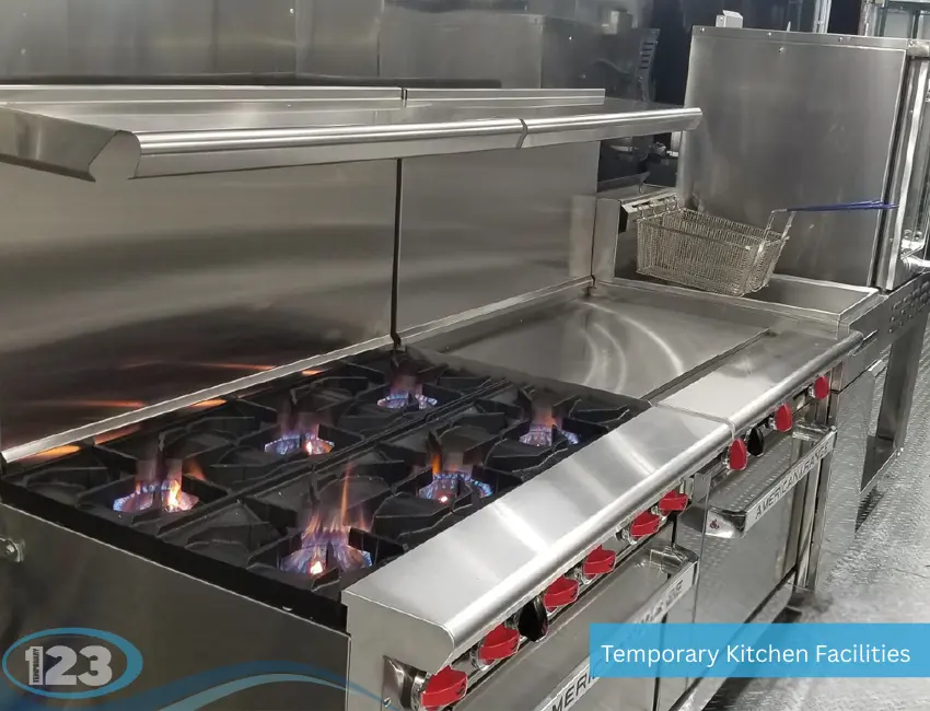 Emergency food service kitchen facility ready for rapid deployment with commercial cooking equipment and food handling stations.