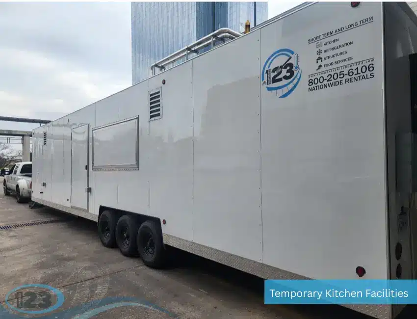 Turnkey mobile kitchen designed for disaster relief operations featuring complete cooking, cleaning, and food storage capabilities.