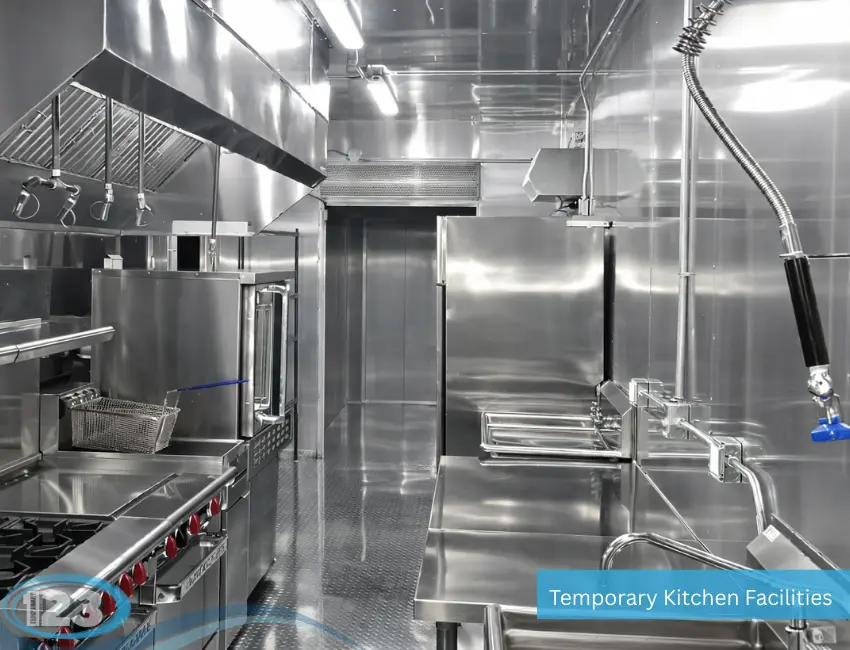 Portable kitchen facility for institutional catering services with high-capacity cooking appliances and organized workspace.