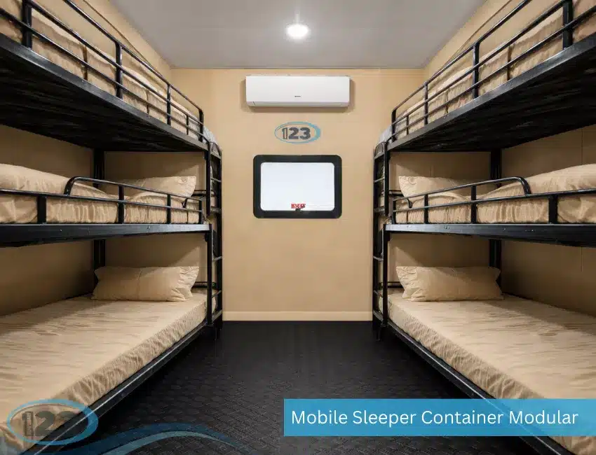 Containerized crew quarters with bunk-style sleeping arrangements and modern amenities for workers stationed in remote locations.