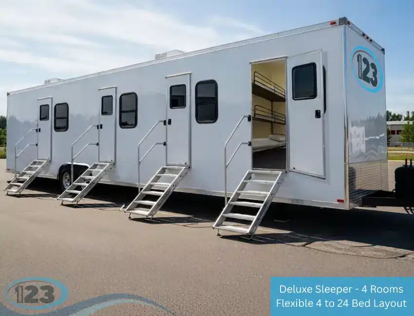 Comfortable bunkhouse container featuring bunk beds, modern furnishings, and climate-controlled interiors for remote workers and field crews.