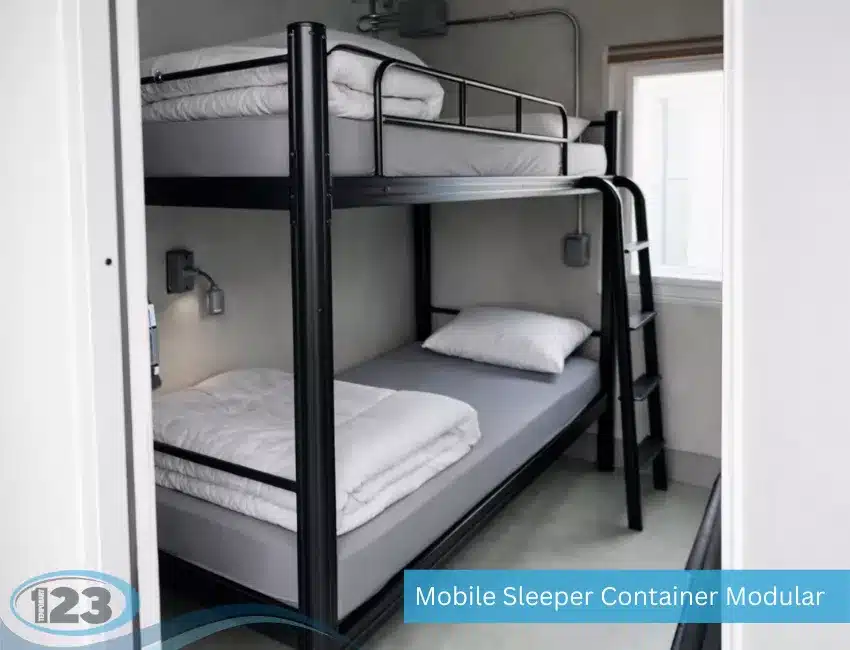 Modern modular sleeper container room with a sturdy metal bunk bed, ladder, reading lights, fresh bedding, and natural light from a nearby window for comfortable crew accommodations.