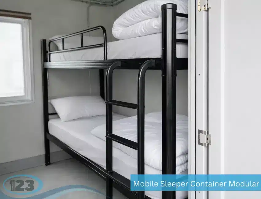 Workforce accommodation container featuring sturdy bunk beds, clean sleeping quarters, and efficient space utilization for temporary worker housing.